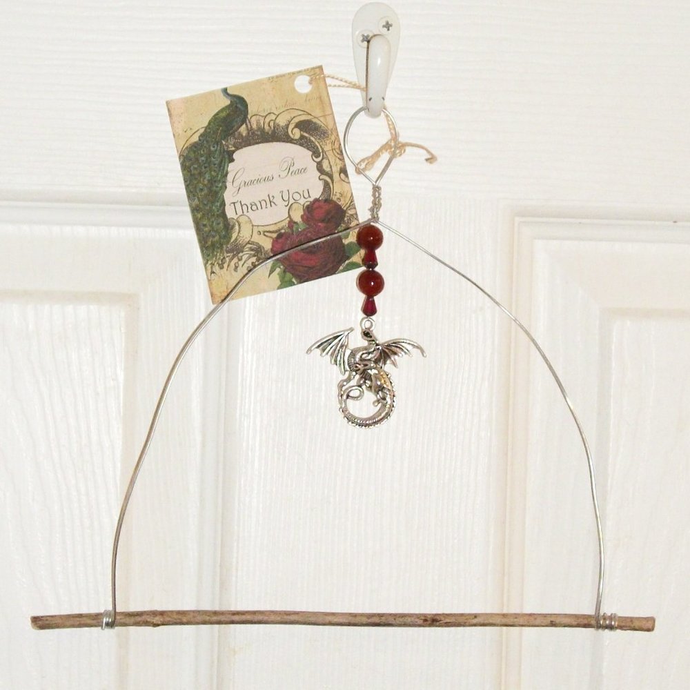 Handmade OOAK Garden Hummingbird Perch Swing DRAGON CHARM Wire Tree Branch 7X9